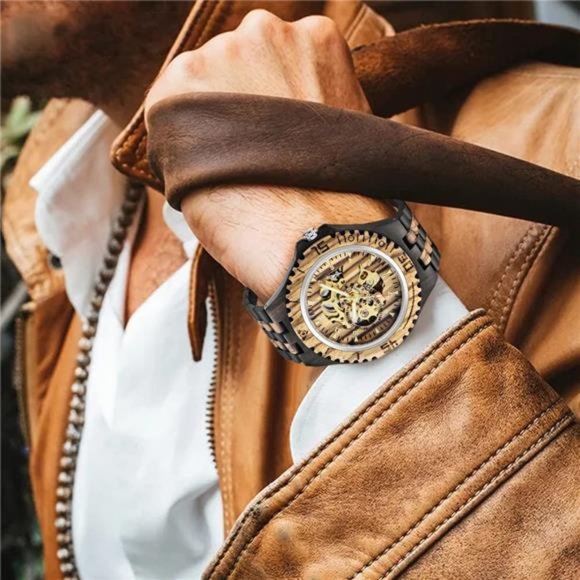 Men's Wooden Watch Skeleton Automatic Movement Wood Watch Self-Winding Watches - Picture 5 of 7